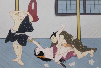 20thC Japanese School. Erotic interior scene in colours