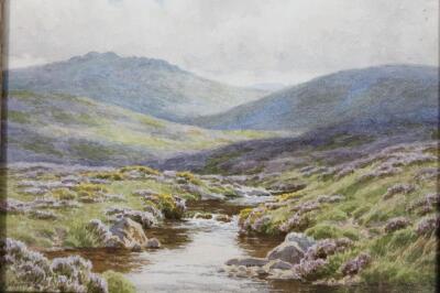 B Morris (early 20thC School). Stream and heather before mountains with clouds gathering - 4