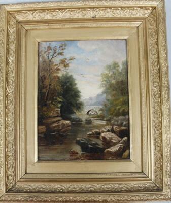 M (19thC English School). River Landscape with bridge and mountains in the distance with clouds gat - 2