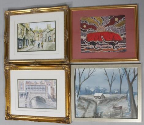 20thC School. Deer before cottage and trees in a winter setting