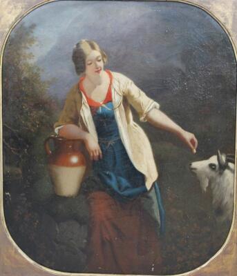 19thC English School. Figure of a lady aside flagon feeding goat in a mountainous landscape