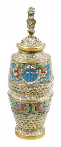 A Chinese brass and champleve enamel cylinder vase and cover