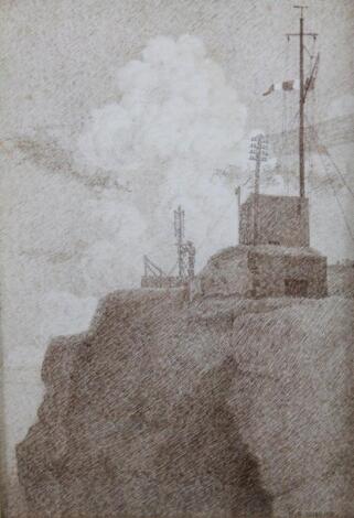 H G Bowring (exhibited 1920-1929). Sepia pen and ink drawing of a cliff look out post