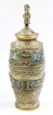 A Chinese brass and champleve enamel cylinder vase and cover - 3