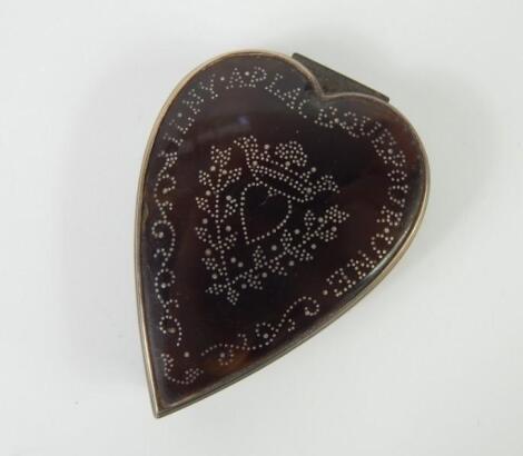 A French 19thC heart shaped tortoiseshell patch box and hinged cover