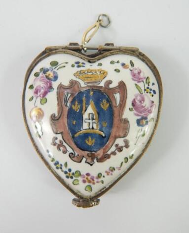 A French 19thC enamel heart shaped patch box and hinged cover