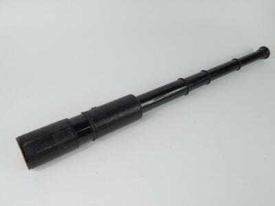 A Huet blackened metal and leather bound four draw telescope, 70cm long fully extended.