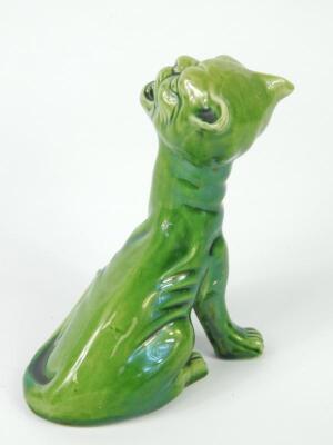 An Aller Vale late 19thC green glazed pottery figure of a seated grotesque cat - 2