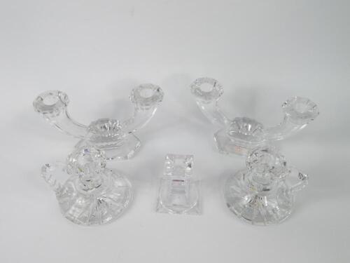 A pair of Val St. Lambert cut glass twin branch candelabra