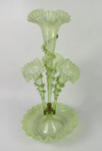 A Victorian pale green glass epergne