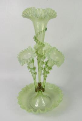 A Victorian pale green glass epergne