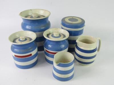 Four T G Green Cornishware blue banded storage jars and covers