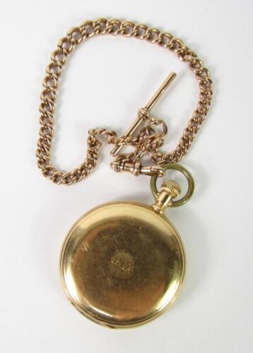 A Riggs & Bros 18ct gold gentleman's hunter cased pocket watch, keyless wind, enamel dial bearing Arabic numerals, subsidiary seconds dial, internally presentation engraved, 84.2g all in, on a 9ct gold curb link Albert chain with T-bar as fitted, 26.2g.