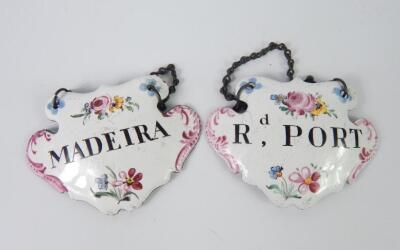 A pair of 19thC Continental enamel decanter labels for Rd Port and Madeira