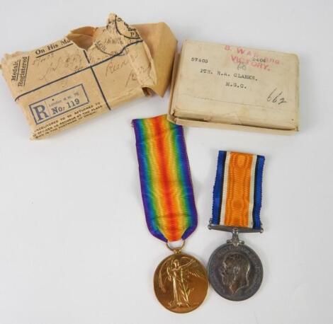 Great War and Victory medals to Pte E A Clarke