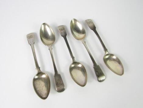 Five mid 19thC Maltese white metal teaspoons