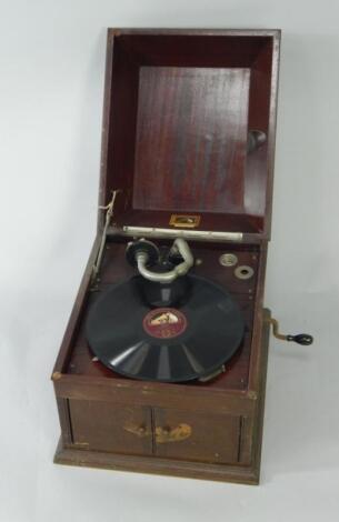 An HMV mahogany cased table top gramophone