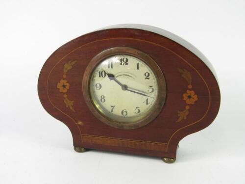 An Edwardian mahogany and floral inlaid mantel clock