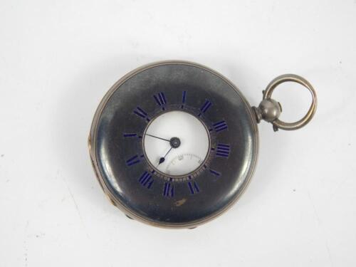 A Continental late 19thC white metal half hunter cased gentleman's pocket watch, enamel dial bearing Roman numerals, subsidiary seconds dial, examined by Dent, 33 Cockspur Street, London.