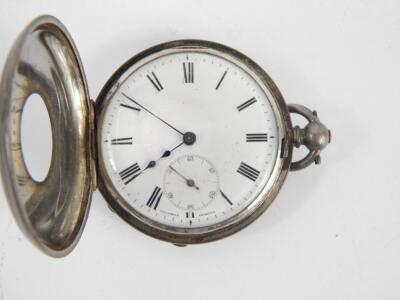 A Continental late 19thC white metal half hunter cased gentleman's pocket watch, enamel dial bearing Roman numerals, subsidiary seconds dial, examined by Dent, 33 Cockspur Street, London. - 2