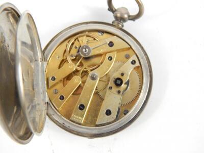 A Continental late 19thC white metal half hunter cased gentleman's pocket watch, enamel dial bearing Roman numerals, subsidiary seconds dial, examined by Dent, 33 Cockspur Street, London. - 3