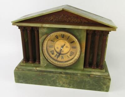 A Victorian green onyx and metal mantel clock case of architectural form