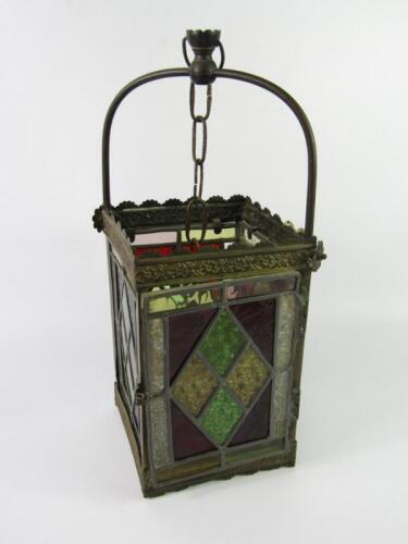 A Victorian brass and stained glass panelled hall lantern
