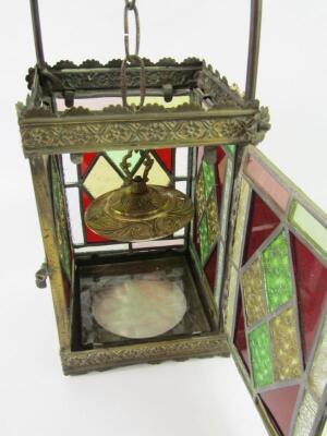 A Victorian brass and stained glass panelled hall lantern - 2