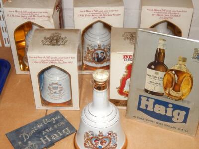 Five Wade for Bells Commemorative Scotch Whisky decanters