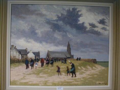 O.Siory(?) Landscape with figures leaving church