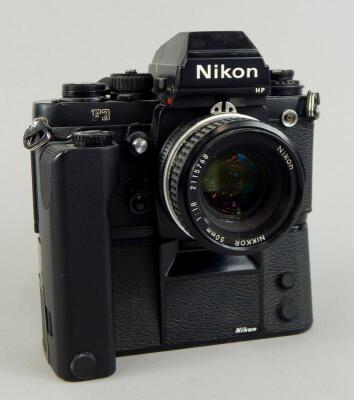 A Nikon F3 camera with motor drive