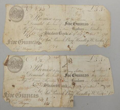 An 18thC Sleaford Bank five guinea bank note