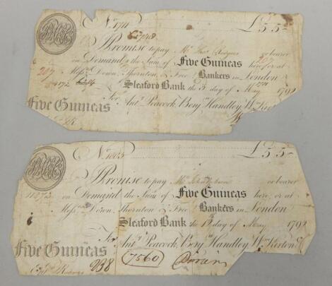 An 18thC Sleaford Bank five guinea banknote