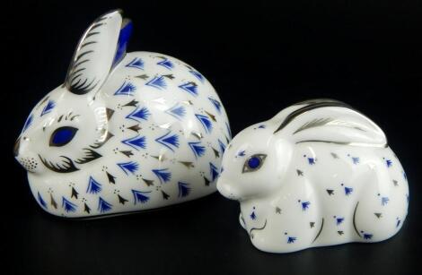 Two Royal Crown Derby Anniversary rabbit paperweights