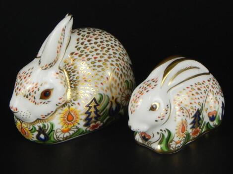 Two Royal Crown Derby Rowsley rabbit paperweights