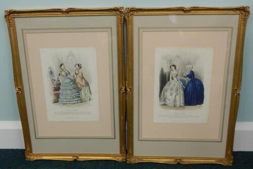 A pair of 19thC French hand coloured fashion prints