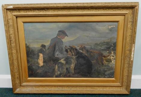 After Landseer. A Scottish figure with dogs beside a loch