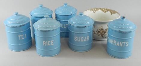 Various blue enamel storage jars