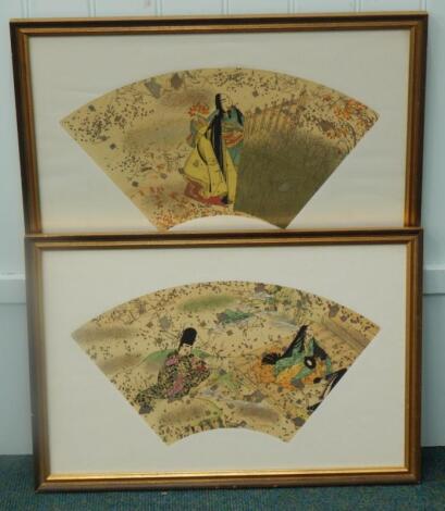 A pair of Oriental fan shaped pictures