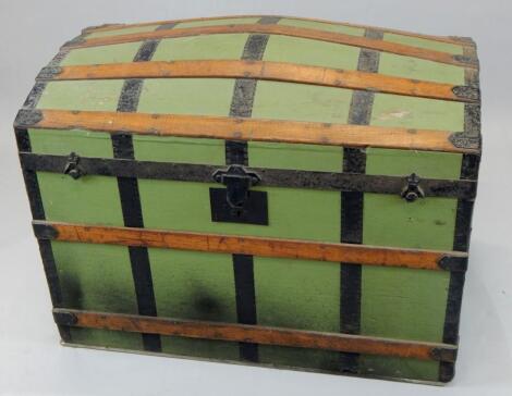 A late 19th/early 20thC leather dome top sea chest trunk