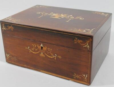 A late 19thC rosewood part inlaid and painted travel box