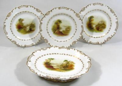 A 19thC hand painted and gilt highlighted part dessert service