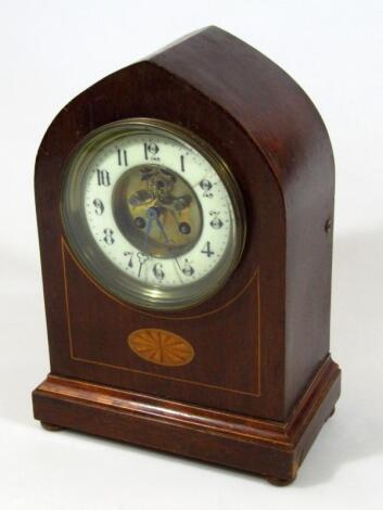 An Edwardian and mahogany boxwood strung lancet mantel clock