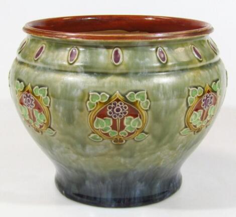 An early 20thC Royal Doulton Lambeth stoneware pottery jardiniere