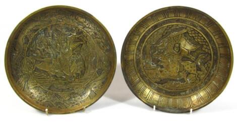 Two Qing style heavy brass Chinese bowls