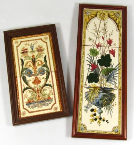 A framed set of three late 19thC pottery tiles