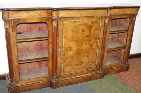 A Victorian walnut boxwood and satinwood inlaid break front side cabinet or credenza