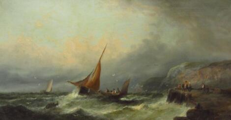 19thC Continental school. Ships on stormy seas before figures and cliffs