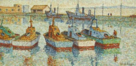 Patrick Biggit (fl.1972). Impressionist harbour scene boats on calm waters