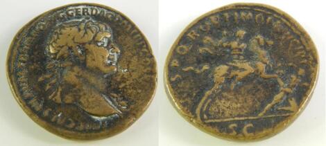 Sestertius Obv: IMPCAESNERVAETRAIANOAVGGERDACPMTRPCOSVPP - Laureate head right. Rev: SPQROPTIMOPRINC